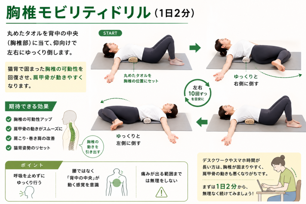 胸椎モビリティドリル（1日2分）
丸めた状態にしたタオルを背中の中央（胸椎部）に当て、仰向けで左右にゆっくり倒します。
猫背で固まった胸椎の可動性を回復させ、肩甲骨が動きやすくなります。