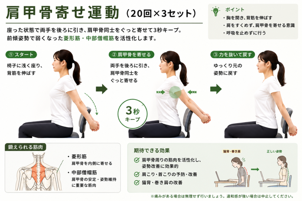 肩甲骨寄せ運動（20回×3セット）
座った状態で両手を後ろに引き、肩甲骨同士をぐっと寄せて3秒キープ。
前傾姿勢で弱くなった菱形筋・中部僧帽筋を活性化します。
