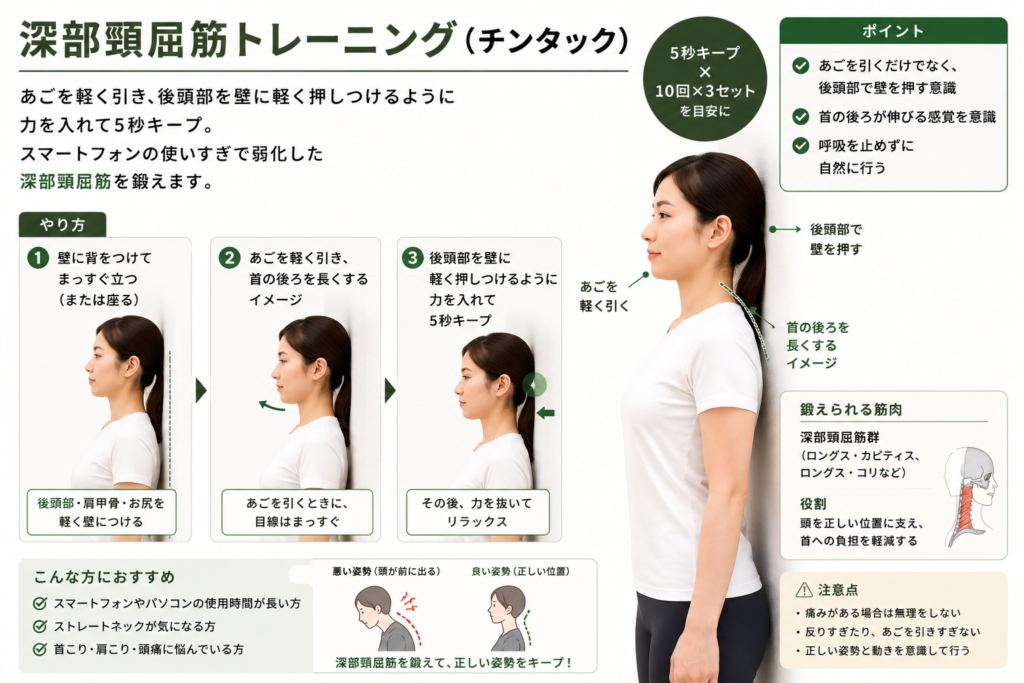 深部頸屈筋トレーニング（チンタック）あごを軽く引き、後頭部を壁に軽く押しつけるように力を入れて5秒キープ。
スマートフォンの使いすぎで弱化した深部頸屈筋を鍛えます。