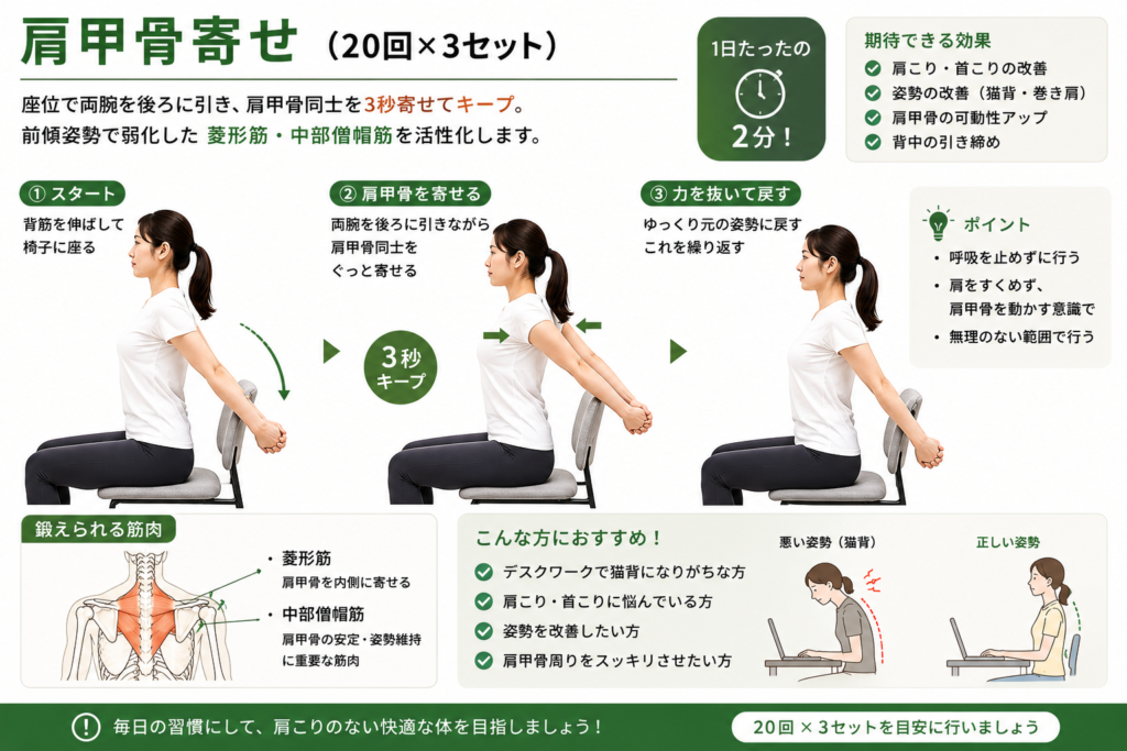 肩甲骨寄せ
座位で両腕を後ろに引き、肩甲骨同士を3秒寄せてキープ。
前傾姿勢で弱化した菱形筋・中部僧帽筋を活性化します。