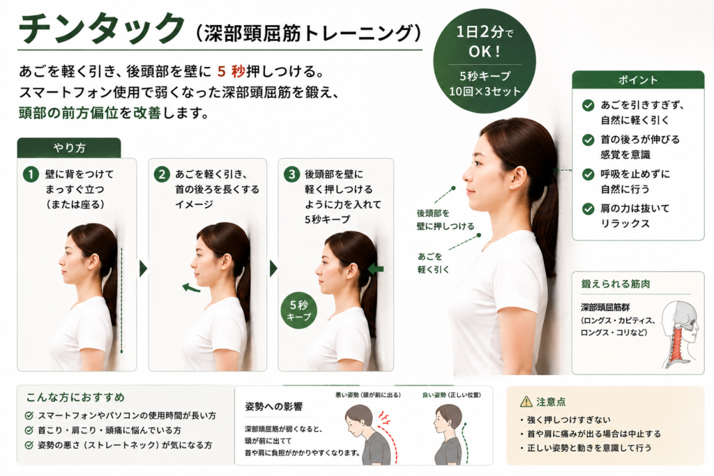 チンタック
あごを軽く引き、後頭部を壁に5秒押しつける。
スマートフォン使用で弱くなった深部頸屈筋を鍛え、頭部の前方偏位を改善します。