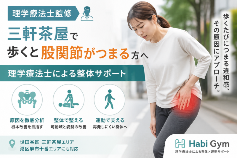 理学療法士監修｜三軒茶屋で歩くと股関節がつまる方へ｜理学療法士による整体サポート｜Habi Gym