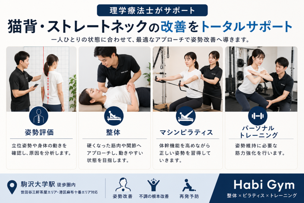 姿勢評価 立位姿勢や身体の動きを確認し、原因を分析します。 整体 硬くなった筋肉や関節へアプローチし、動きやすい状態を目指します。 マシンピラティス 体幹機能を高めながら正しい姿勢を習得していきます。 パーソナルトレーニング 姿勢維持に必要な筋力強化を行います。