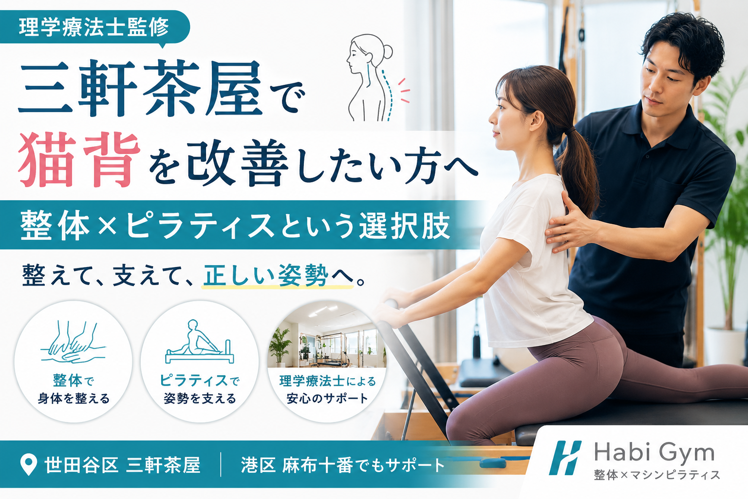理学療法士監修｜三軒茶屋で猫背を改善したい方へ｜整体×ピラティスという選択肢｜Habi Gym