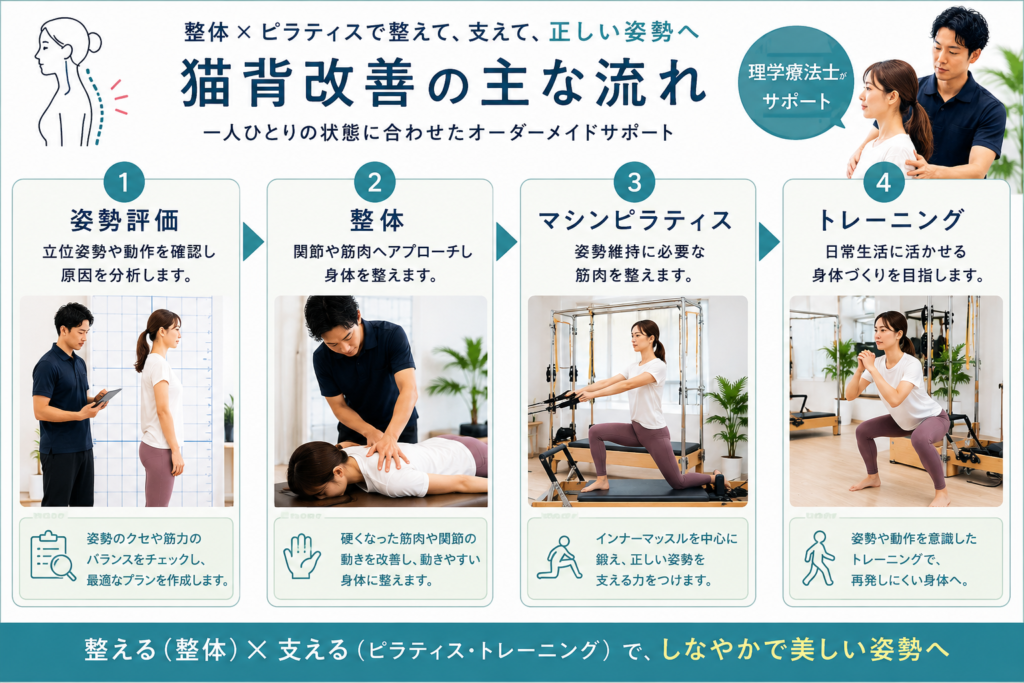 姿勢評価

立位姿勢や動作を確認し原因を分析します。

整体

関節や筋肉へアプローチし身体を整えます。

マシンピラティス

姿勢維持に必要な筋肉を鍛えます。

トレーニング

日常生活に活かせる身体づくりを目指します。