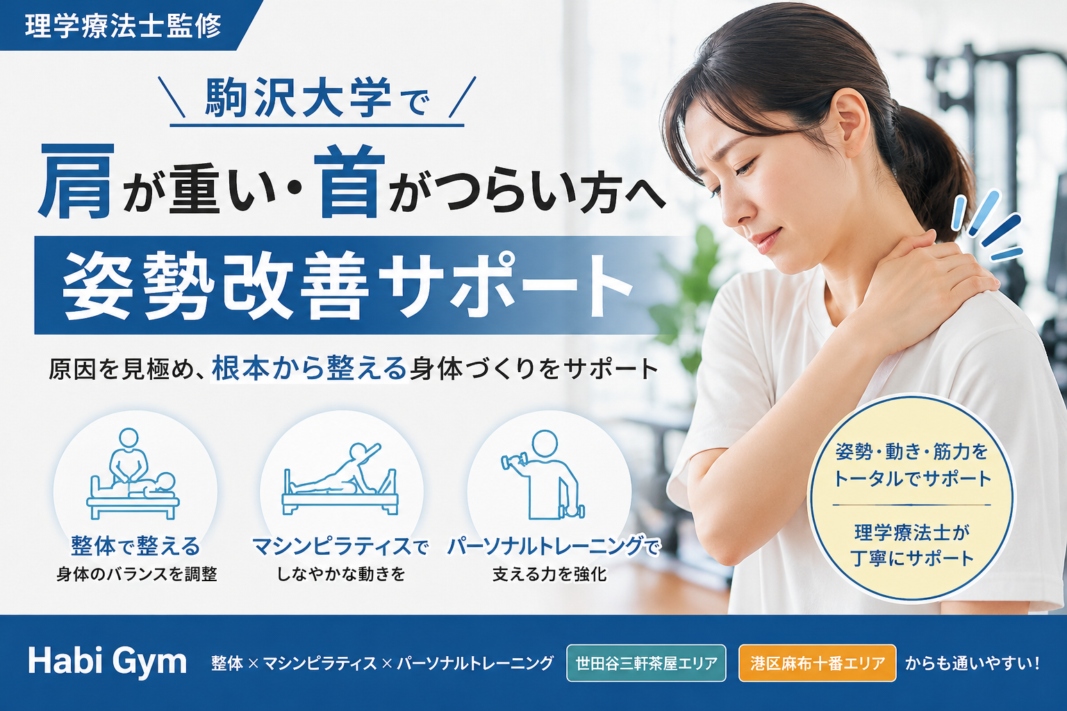 駒沢大学で肩が重い・首がつらい方へ｜姿勢改善サポート｜理学療法士監修｜Habi Gym