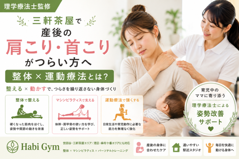 三軒茶屋で産後の肩こり・首こりがつらい方へ｜整体×運動療法とは｜理学療法士監修｜Habi Gym