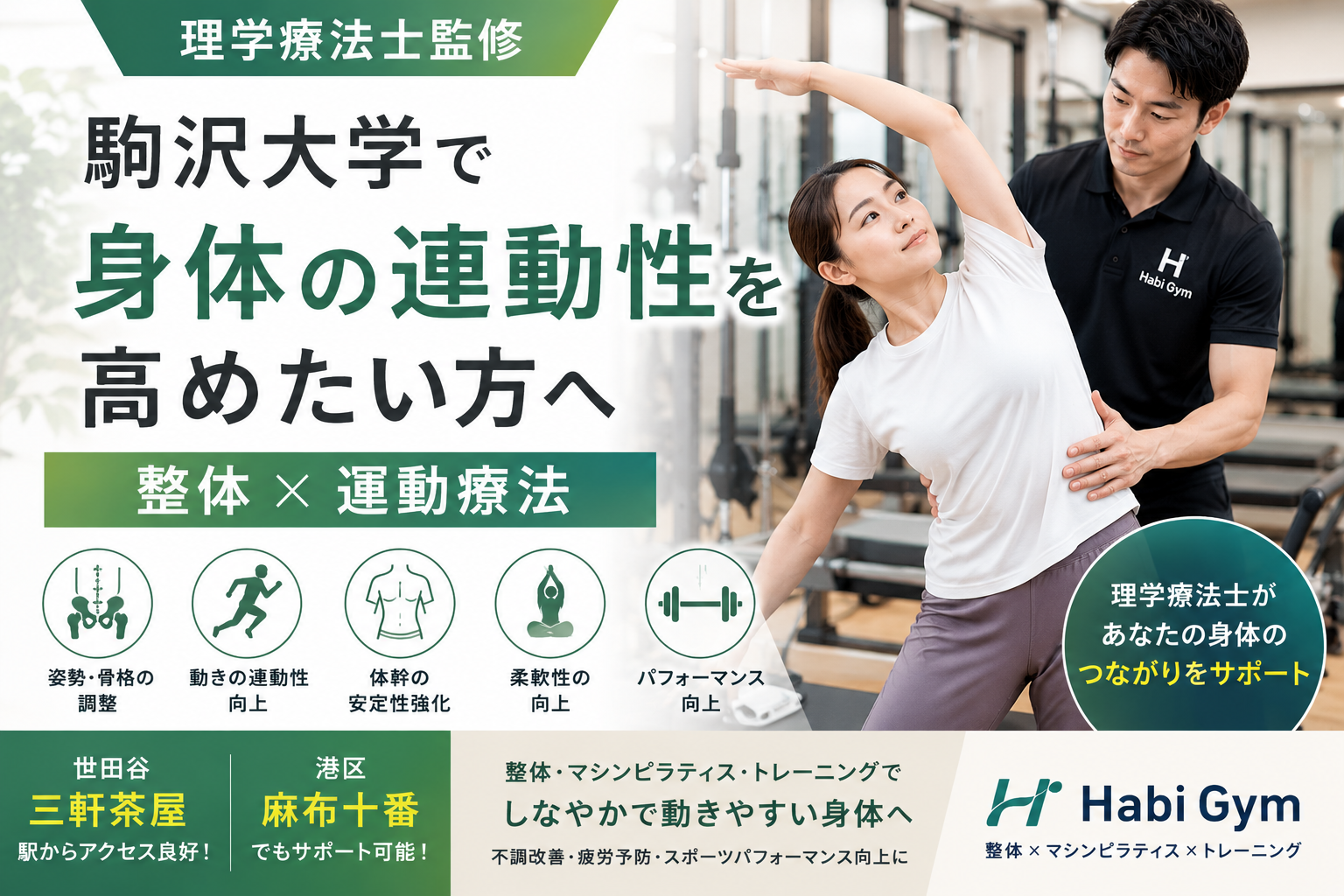 駒沢大学で身体の連動性を高めたい方へ｜整体×運動療法｜理学療法士監修｜Habi Gym
