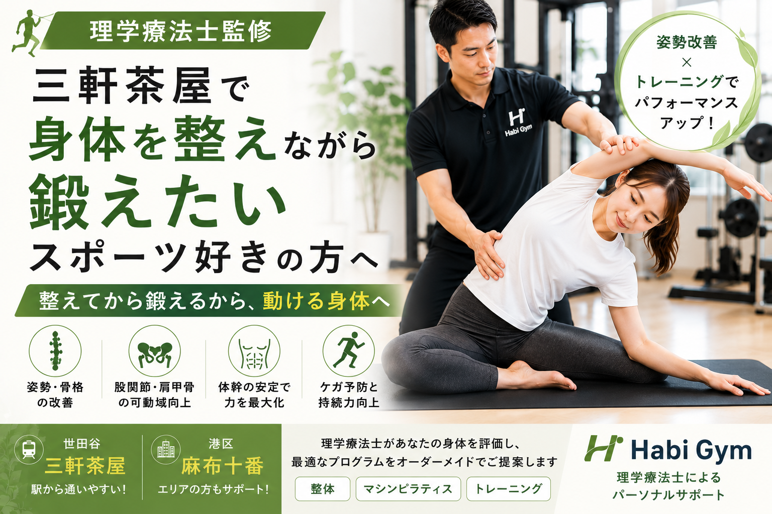 三軒茶屋で「身体を整えながら鍛えたい」スポーツ好きの方へ｜理学療法士監修｜Habi Gym