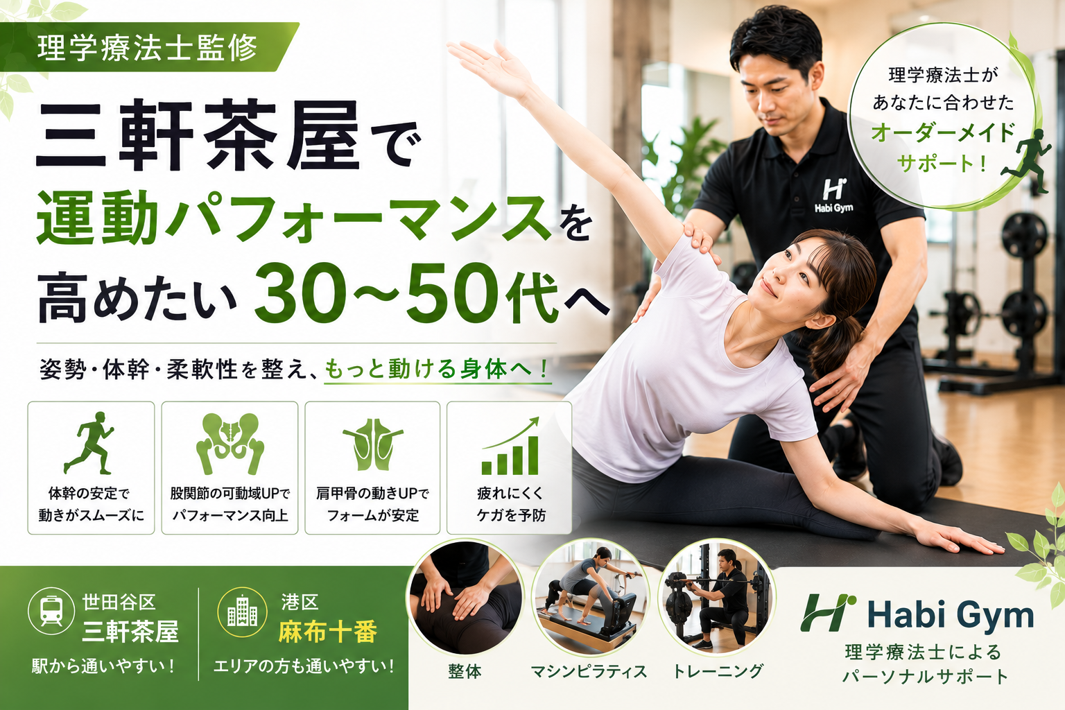三軒茶屋で運動パフォーマンスを高めたい30〜50代へ｜理学療法士監修｜Habi Gym