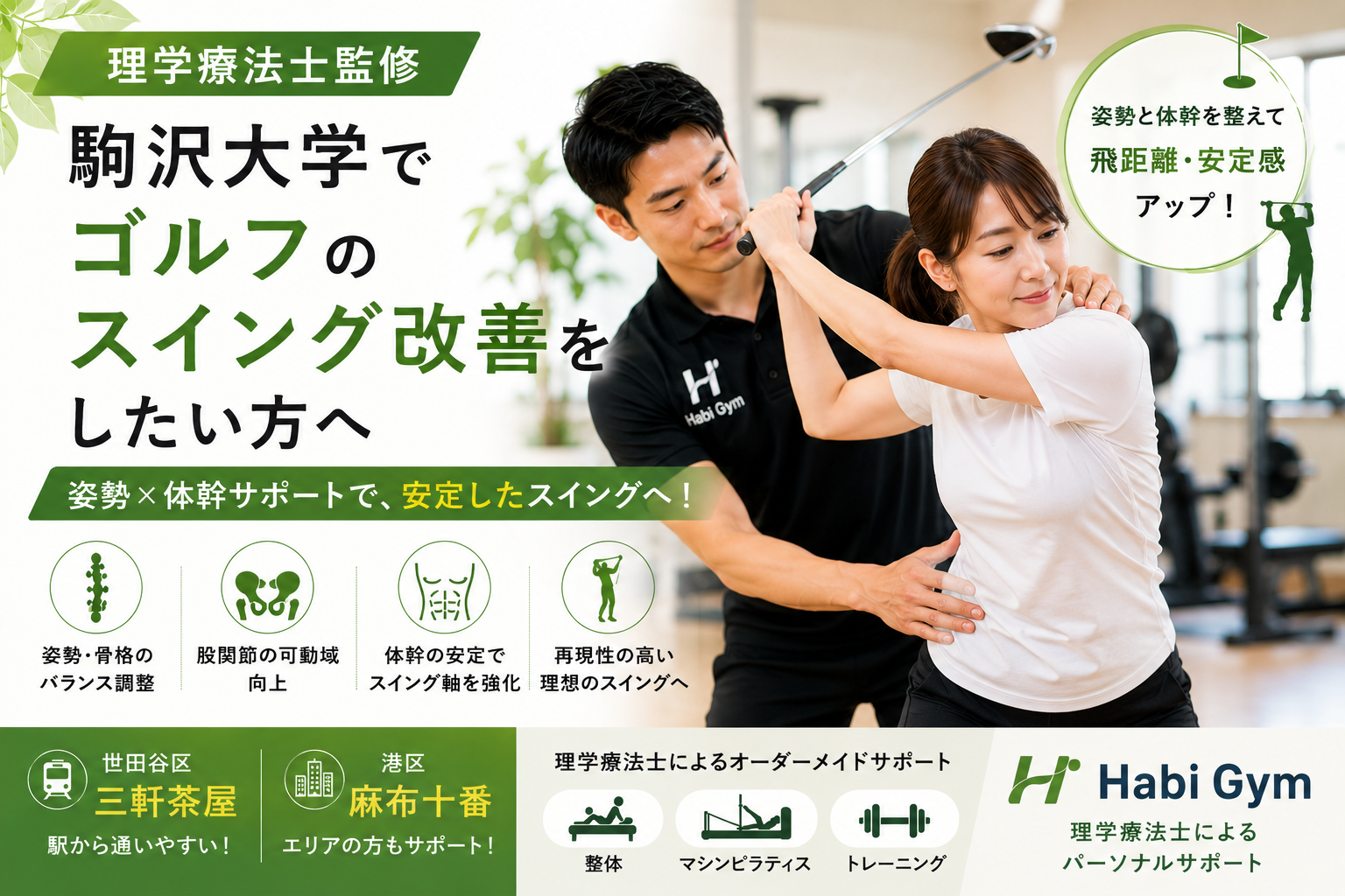 駒沢大学でゴルフのスイング改善をしたい方へ|姿勢×体幹サポート|理学療法士監修|Habi Gym