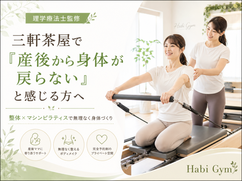 三軒茶屋で「産後から身体が戻らない」と感じる方へ、産後の体型変化、反り腰、骨盤まわり、体幹低下、肩こり・腰痛との関係を理学療法士監修で解説。整体、マシンピラティス、トレーニングを組み合わせ、世田谷三軒茶屋・港区麻布十番で無理なく身体づくりを考える方向けの記事です。