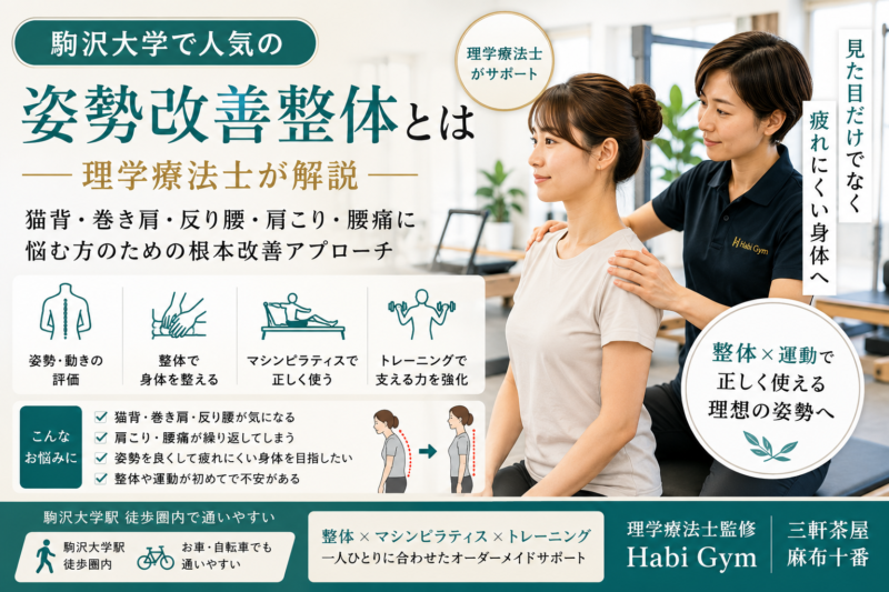 駒沢大学で人気の姿勢改善整体とは何かを理学療法士監修で解説。猫背・巻き肩・反り腰・肩こり・腰痛に悩む方へ、整体で身体を整え、マシンピラティスや運動で姿勢を支える身体づくりを紹介します。