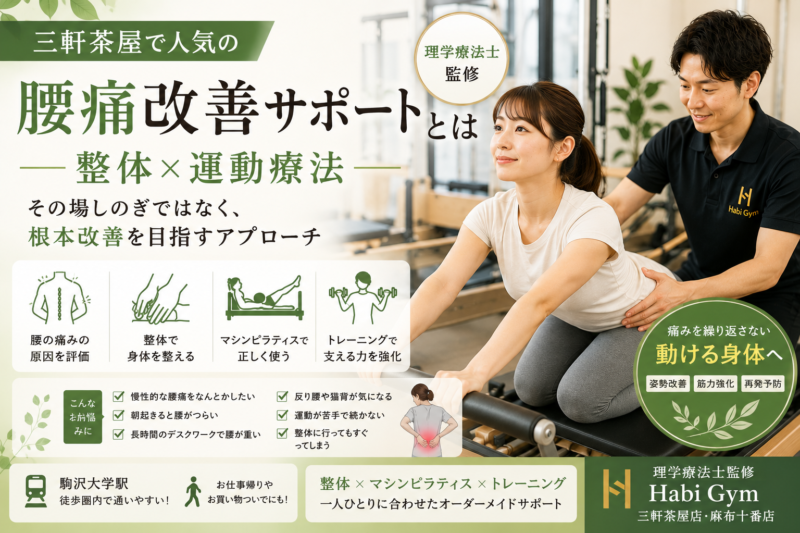 三軒茶屋で人気の腰痛改善サポートとは何かを、整体×運動療法の視点から理学療法士監修で解説。反り腰・股関節の硬さ・体幹低下・姿勢不良に悩む方へ、整体、マシンピラティス、トレーニングを組み合わせた身体づくりを紹介します。