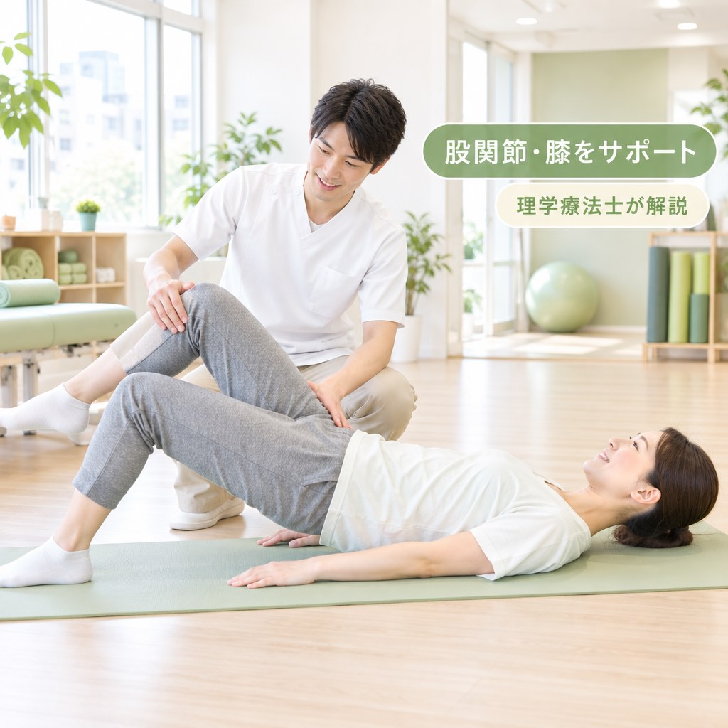 三軒茶屋のHabiGymで理学療法士が利用者の股関節と膝の動きを確認するイメージ